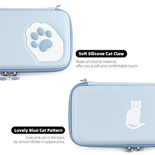 YOCORE Blue Cat Claw Carrying Case forSwitch Lite - Преносим твърд калъф Тънък пътна чанта за носене fit Switch Lite и слот аксесоари - с 8 слота за карти игра и подвижна каишка за китката