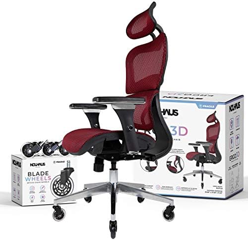Ергономичен офис стол NOUHAUS Ergo3D - Rolling Desk Chair with 4D Adjustable Armrest, 3D Lumbar Support and Blade Колела - Сетчатое Компютърен Стол, Детски столове, Въртящо се кресло ръководител (бордо)