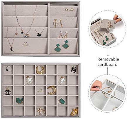 Vee Stackable Jewelry Organizer Tray, High-Capacity Jewelry Storage Organizer for Drawer, Earring, Necklace, Bracelet, Ring ( 3 Пакет, сив)