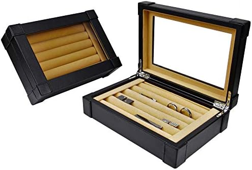 Decorebay Explorer Cufflink Box and Luxury Jewelry Display Case for Men with Glass Top - Черен