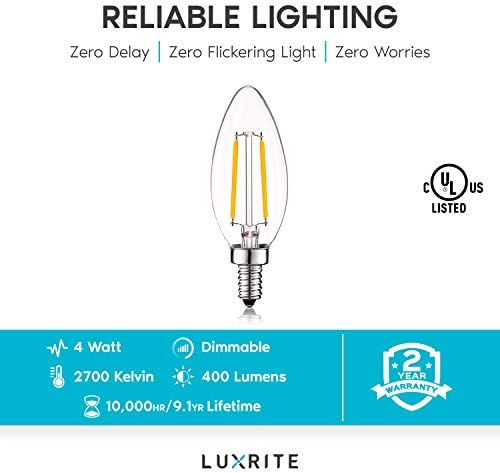 Luxrite 4W Старинни Свещници Led Лампи с регулируема яркост 400 лумена, 2700K Топло бяла, Полилеи Led Крушки