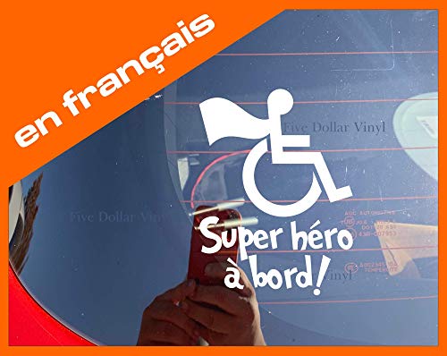 Супер héro à bord! en français XS-PETIT Autocollant de vinyle, héros, fauteuil roulant, besoins spéciaux, incapacité, décalque de fenêtre