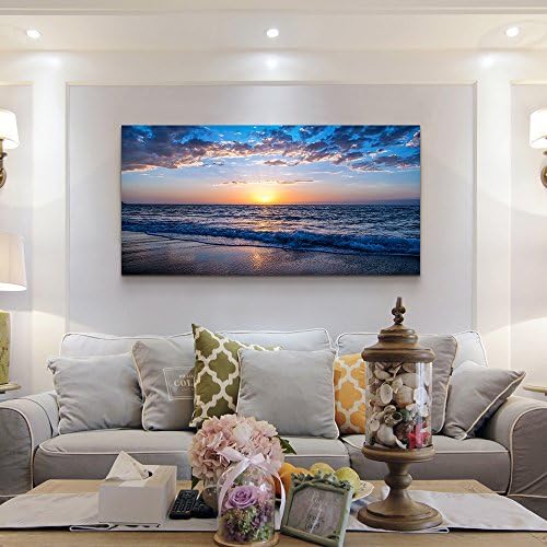 hyidecor art Wall Art Moon Sea blue Ocean Landscape Paintings Bedroom Платно Art wall Print art for living room Paintings for Wall Decor and large Home Decor (30x60 см x 1 бр. )